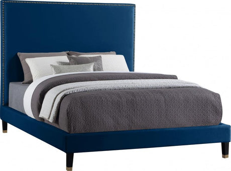 Meridian Furniture - Harlie Velvet Queen Bed In Navy - Harlienavy-Q