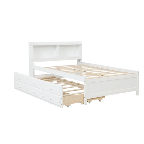 Full Bed with Bookcase,Twin Trundle,Drawers,White Home Elegance USA