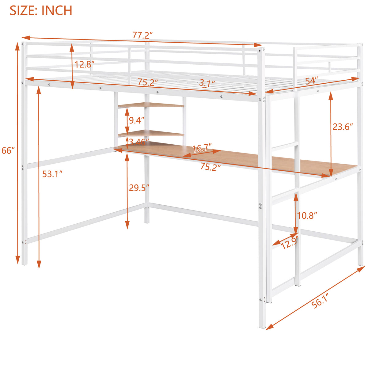 Full Metal Loft Bed with Desk and Shelve, White - Home Elegance USA