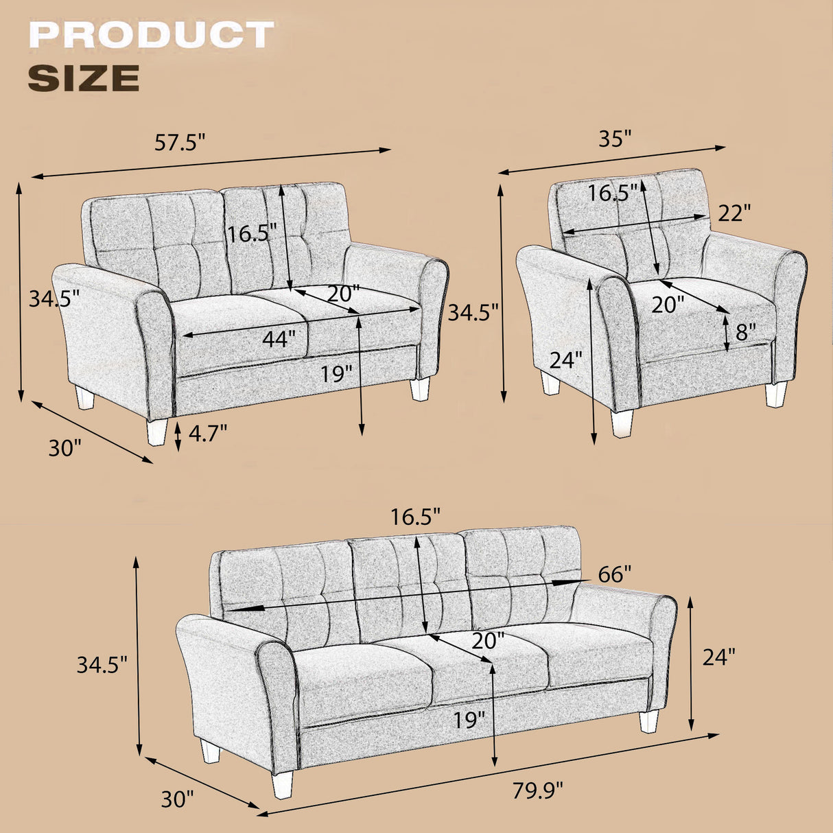 Modern Living Room Sofa Set Linen Upholstered Couch Furniture for Home or Office ,Light Grey,(2+3-Seat,Old Sku:SG000367AAA) Home Elegance USA