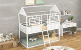 Twin over Twin Size Metal Low Bunk Beds with Roof and Fence-shaped Guardrail, White - Home Elegance USA
