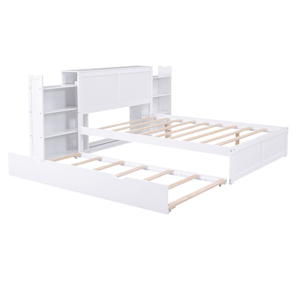 Full Size Storage Platform Bed with Pull Out Shelves and Twin Size Trundle, White - Home Elegance USA