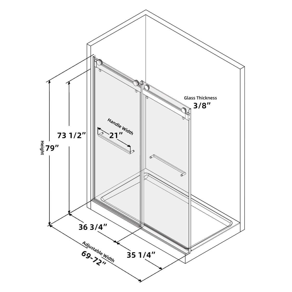 Frameless Double Sliding Shower, 69" - 72" Width, 79" Height, 3/8" (10 mm) Clear Tempered Glass, , Designed for Smooth Door with Clear Tempered Glass and Stainless Steel Hardware Brushed Nickel