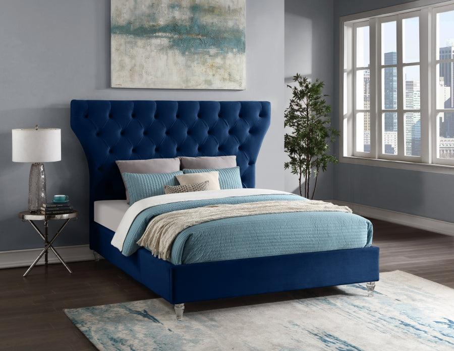 Meridian Furniture - Kira Velvet Queen Bed In Navy - Kiranavy-Q