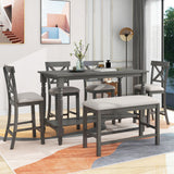 TREXM 6-Piece Counter Height Dining Table Set Table with Shelf 4 Chairs and Bench for Dining Room (Gray) - Home Elegance USA