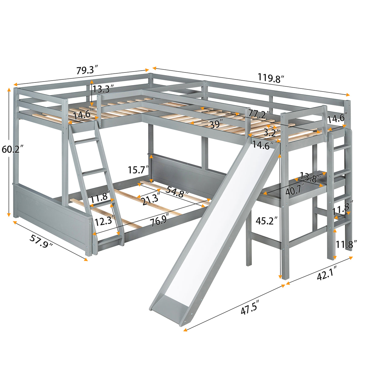 Twin over Full Bunk Bed with Twin Size Loft Bed with Desk and Slide,Full-Length Guardrail, Gray - Home Elegance USA