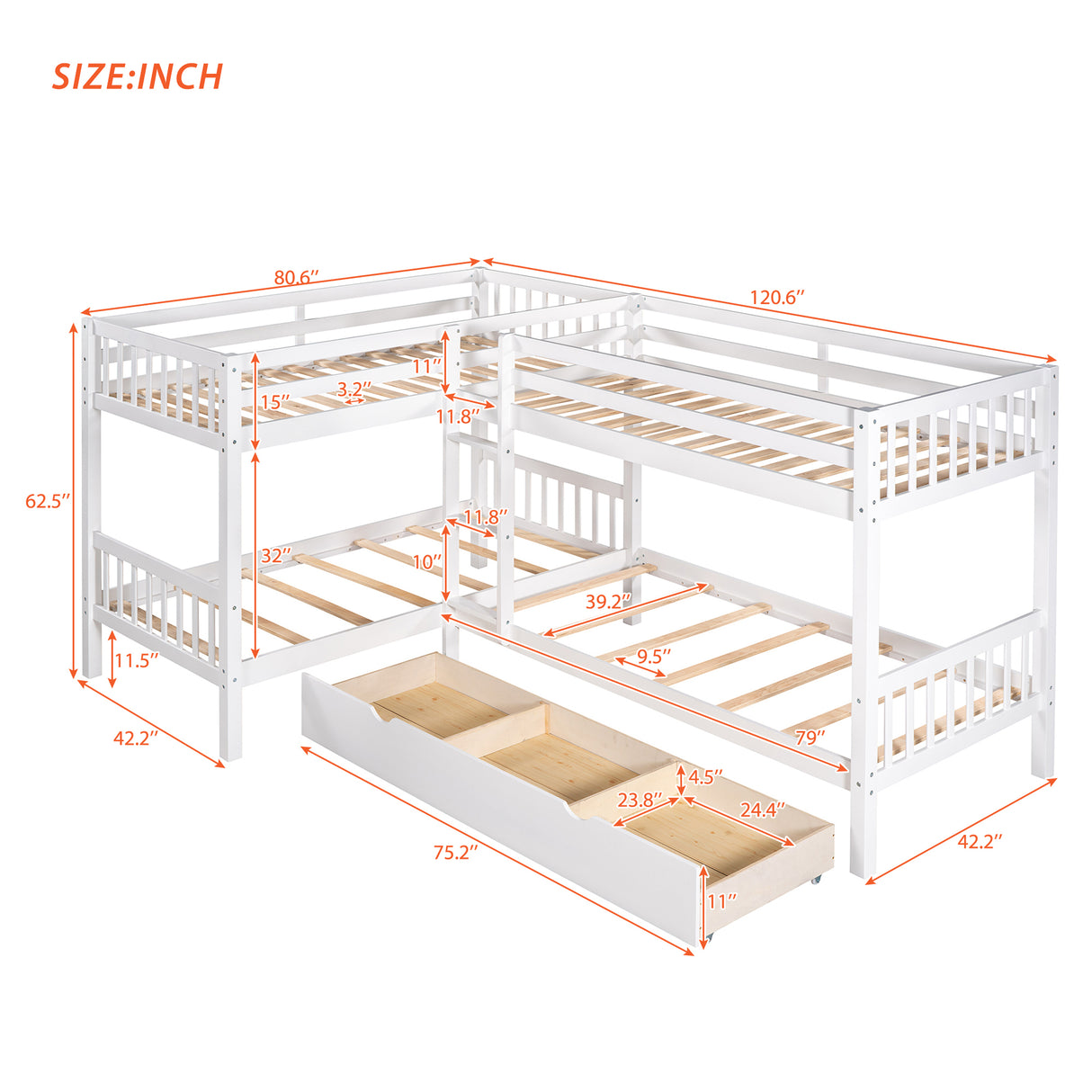 Twin L-Shaped Bunk bed with Drawers-Gray(OLD SKU :LP000038AAK) - Home Elegance USA