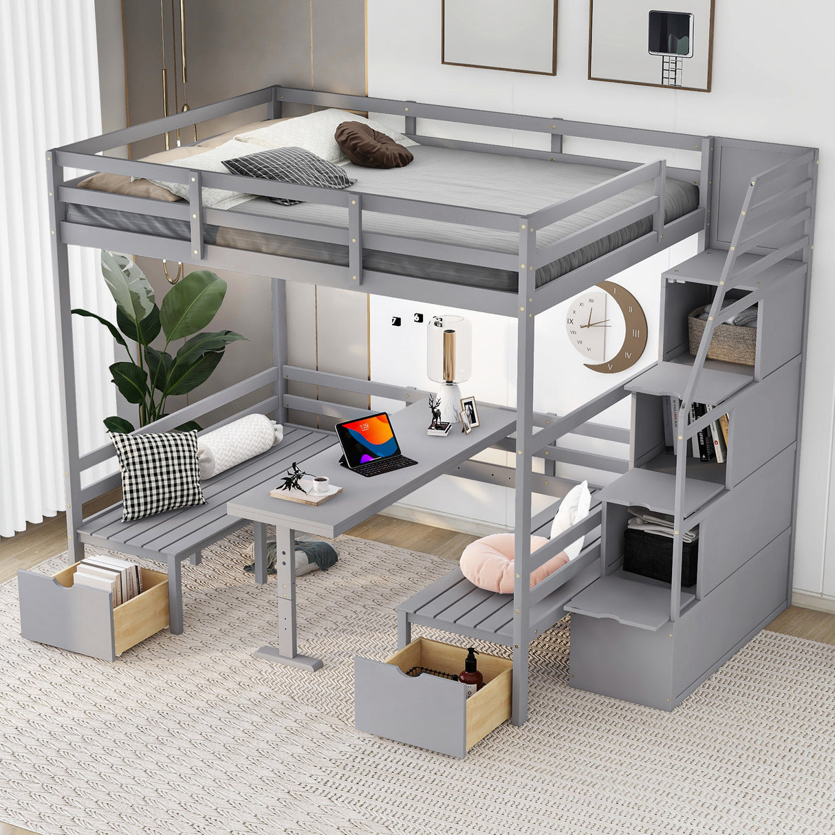 Full over Full Size Bunk Bed with staircase,the Down Bed can be Convertible to Seats and Table - Home Elegance USA