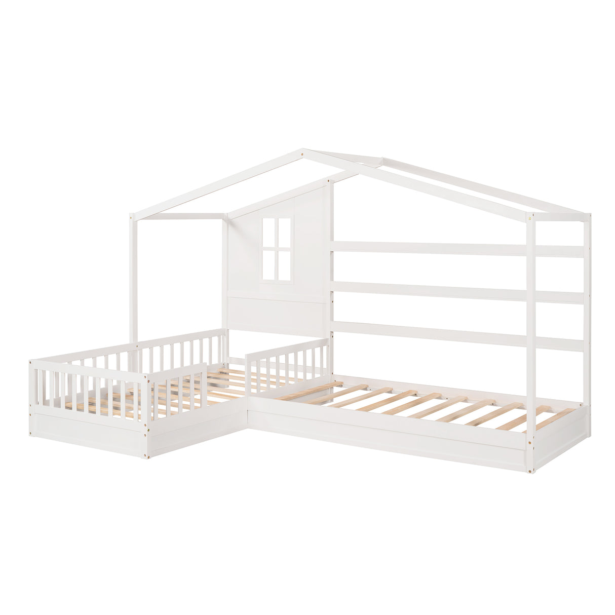 Wood House Bed Twin Size, 2 Twin Solid Bed L structure with fence and slatted frame （White) - Home Elegance USA