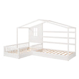 Wood House Bed Twin Size, 2 Twin Solid Bed L structure with fence and slatted frame （White) - Home Elegance USA