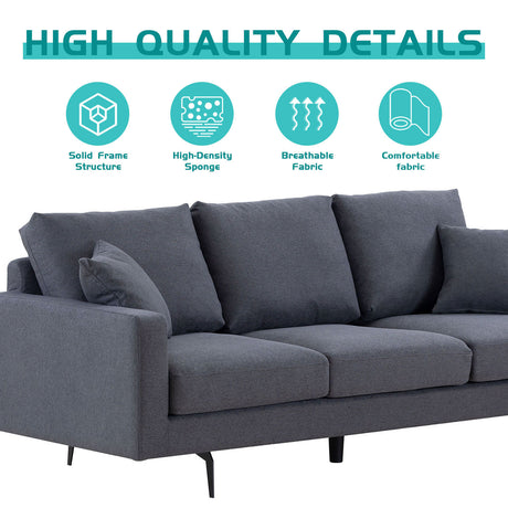 Modern Grey Three-Seat Sofa with Thick Sponge and Two Pillows, 87.40inch Home Elegance USA