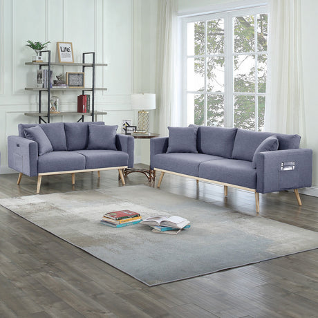 Easton Dark Gray Linen Fabric Sofa Loveseat Living Room Set with USB Charging Ports Pockets & Pillows Home Elegance USA