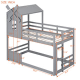 Twin over Twin Bunk Bed with Roof and Window, with Guardrails and Ladder, Gray - Home Elegance USA