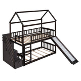 Twin Over Twin Bunk Bed with Drawers and Slide, House Bed with Slide,Espresso(OLD SKU :LT000215AAP) - Home Elegance USA