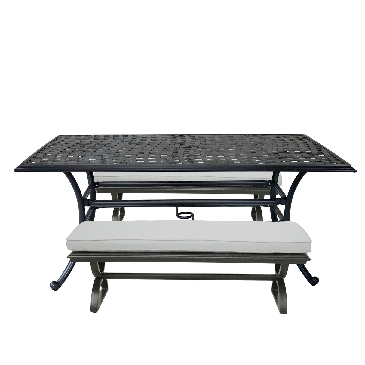 3 Piece Patio Aluminum Dining Set, Rectangle Table with 2 Cushioned Benches, Cast Silver