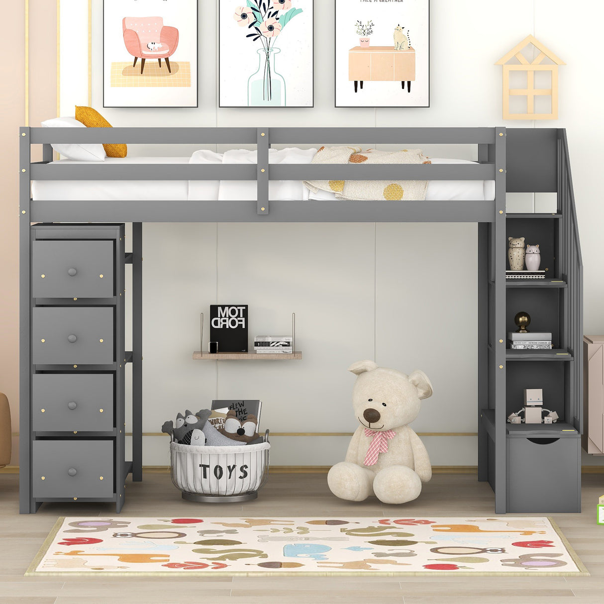 Twin size Loft Bed with Storage Drawers and Stairs, Wooden Loft Bed with Shelves - Gray - Home Elegance USA