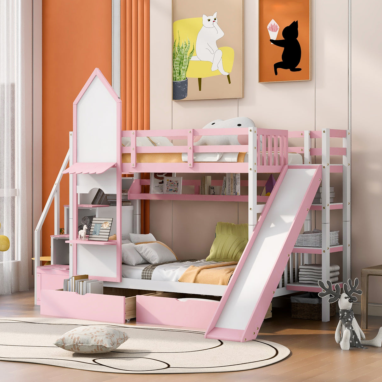 Twin-Over-Twin Castle Style Bunk Bed with 2 Drawers 3 Shelves and Slide - Pink