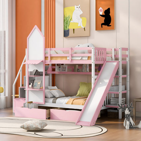 Twin-Over-Twin Castle Style Bunk Bed with 2 Drawers 3 Shelves and Slide - Pink