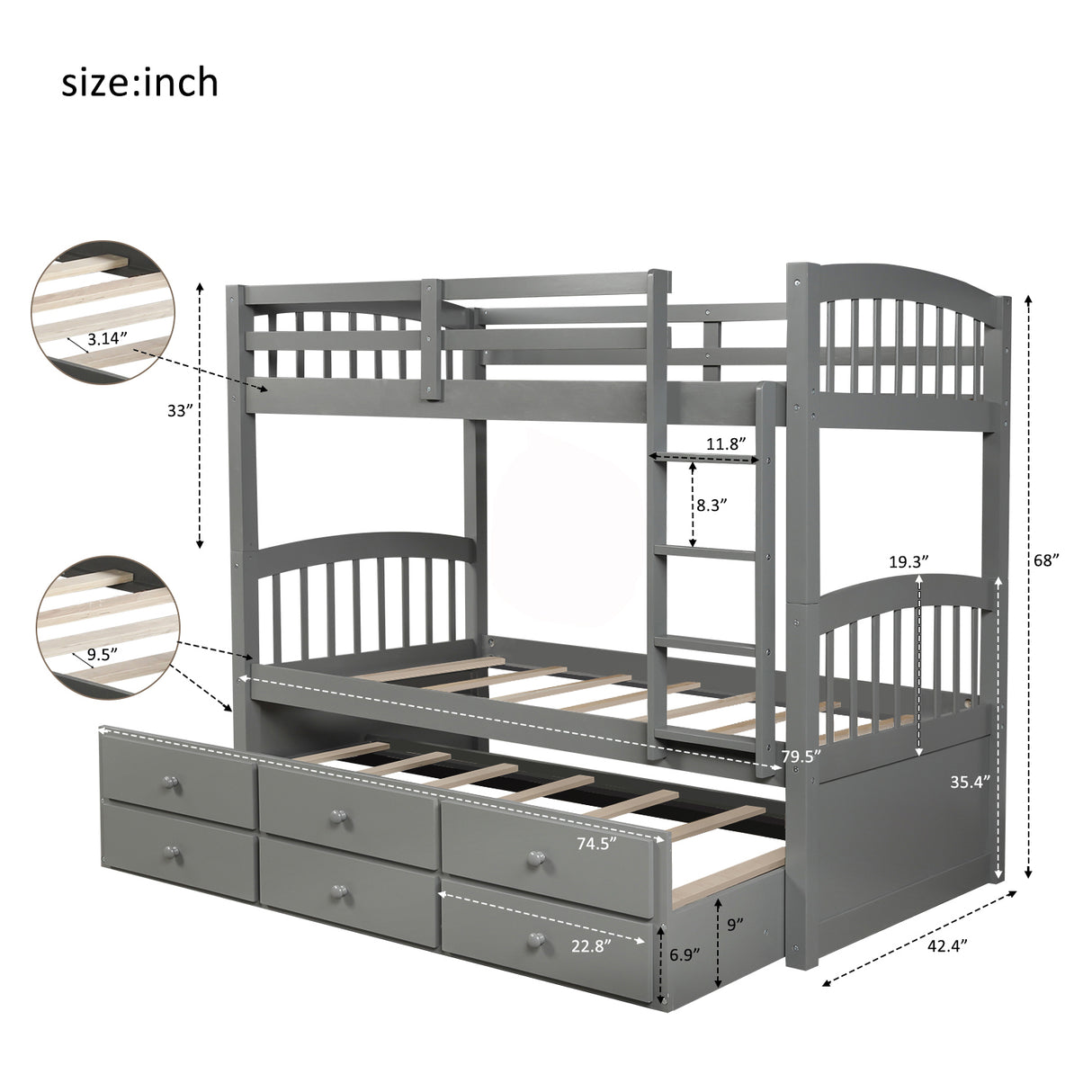 Twin Bunk Bed with Ladder, Safety Rail, Twin Trundle Bed with 3 Drawers for Bedroom, Guest Room Furniture(Gray)(OLD SKU :LP000071AAE) - Home Elegance USA