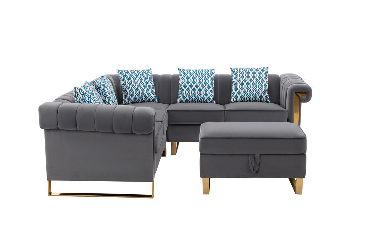 Maddie Gray Velvet 5-Seater Sectional Sofa with Storage Ottoman - Home Elegance USA