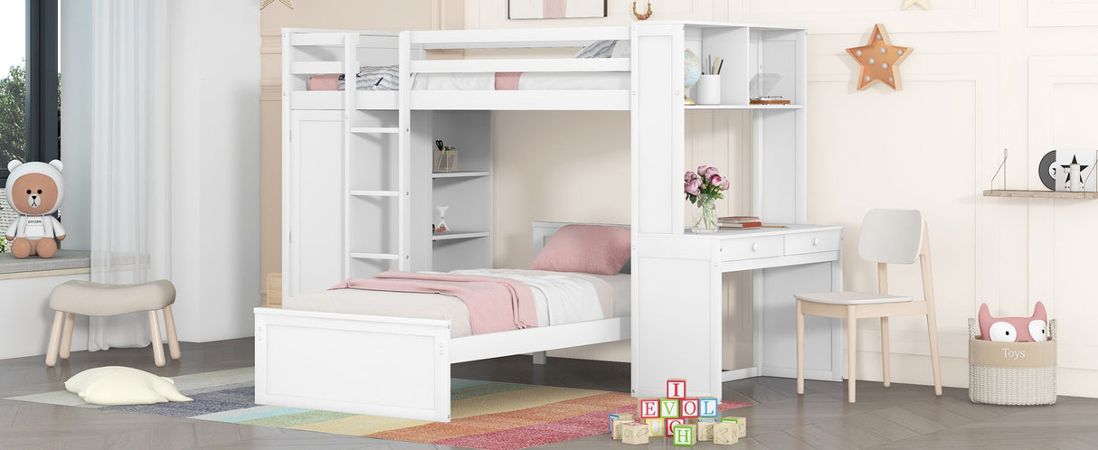 Twin size Loft Bed with a Stand-alone bed, Shelves,Desk,and Wardrobe-White - Home Elegance USA