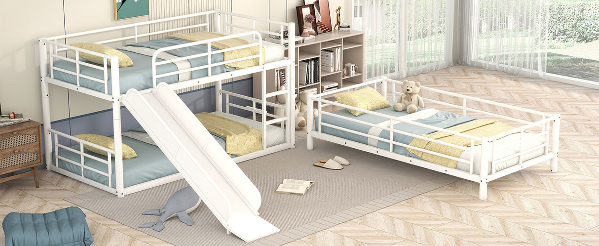 Twin Size Metal Bunk Bed with Ladders and Slide, Divided into Platform and Loft Bed, White - Home Elegance USA