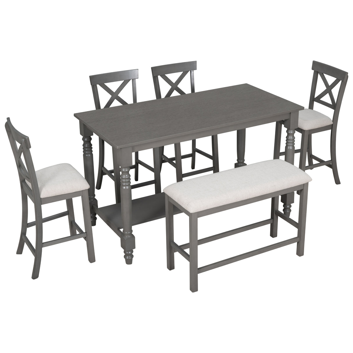 TREXM 6-Piece Counter Height Dining Table Set Table with Shelf 4 Chairs and Bench for Dining Room (Gray) - Home Elegance USA