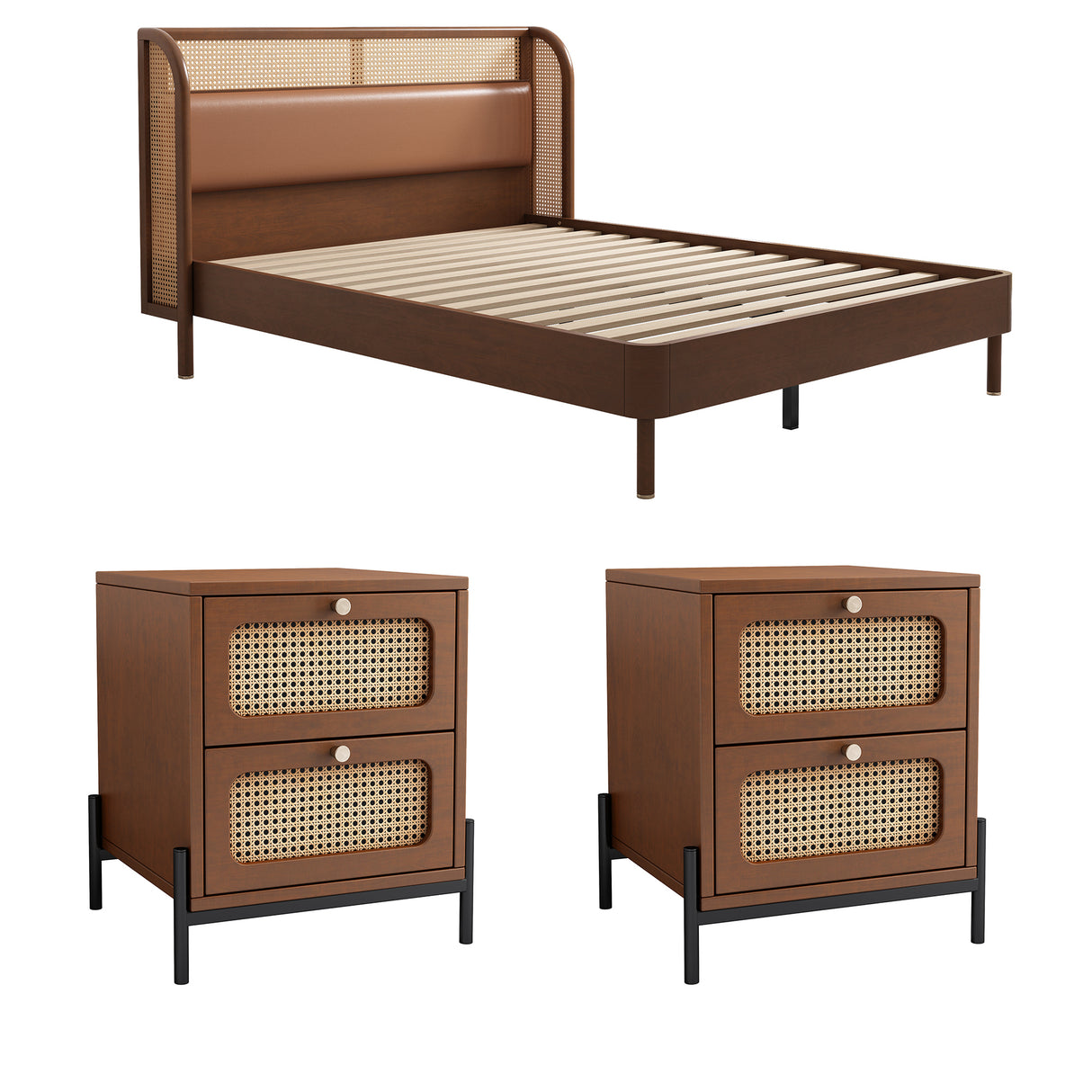 3 Pieces Modern Cannage Rattan Platform Queen Bed + Nightstand*2, Walnut Home Elegance USA