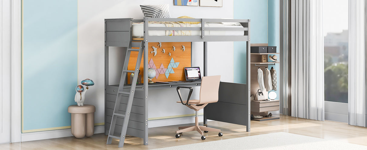 Twin size Loft Bed with Desk and Writing Board, Wooden Loft Bed with Desk - Gray - Home Elegance USA