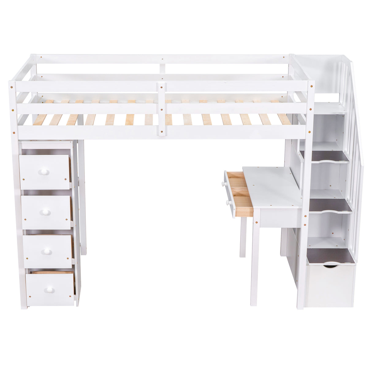 Twin size Loft Bed with Storage Drawers ,Desk and Stairs, Wooden Loft Bed with Shelves - White - Home Elegance USA