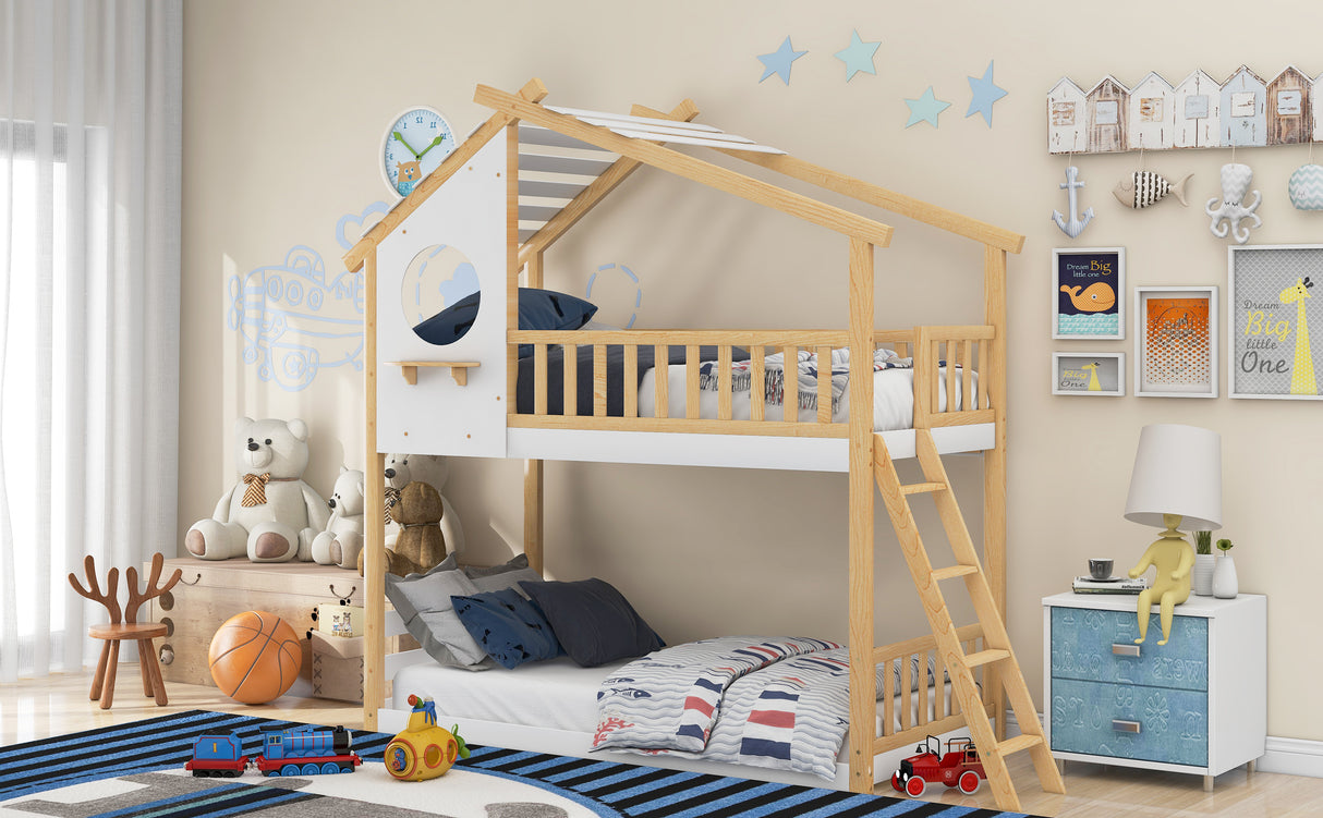 Twin Over Twin Bunk Bed Wood Bed with Roof, Window, Ladder ( Natural )(OLD SKU :LP000008AAD) - Home Elegance USA