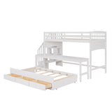 Stairway Twin XL Loft Bed with Twin Size Trundle and 3 Drawers, Storage, Desk, White - Home Elegance USA