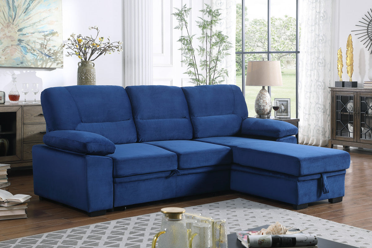 Kipling Blue Velvet Fabric Reversible Sleeper Sectional Sofa Chaise - Home Elegance USA