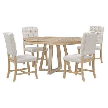 TREXM 5-Piece Retro Functional Dining Set, Round Table with a 16"W Leaf and 4 Upholstered Chairs for Dining Room and Living Room (Natural)