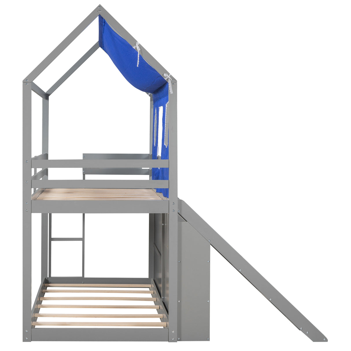 Twin over Twin House Bunk Bed with Blue Tent, Slide, Shelves and Blackboard, Gray - Home Elegance USA