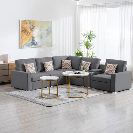 Nolan Gray Linen Fabric 6Pc Reversible Sectional Sofa with a USB, Charging Ports, Cupholders, Storage Console Table and Pillows and Interchangeable Legs - Home Elegance USA