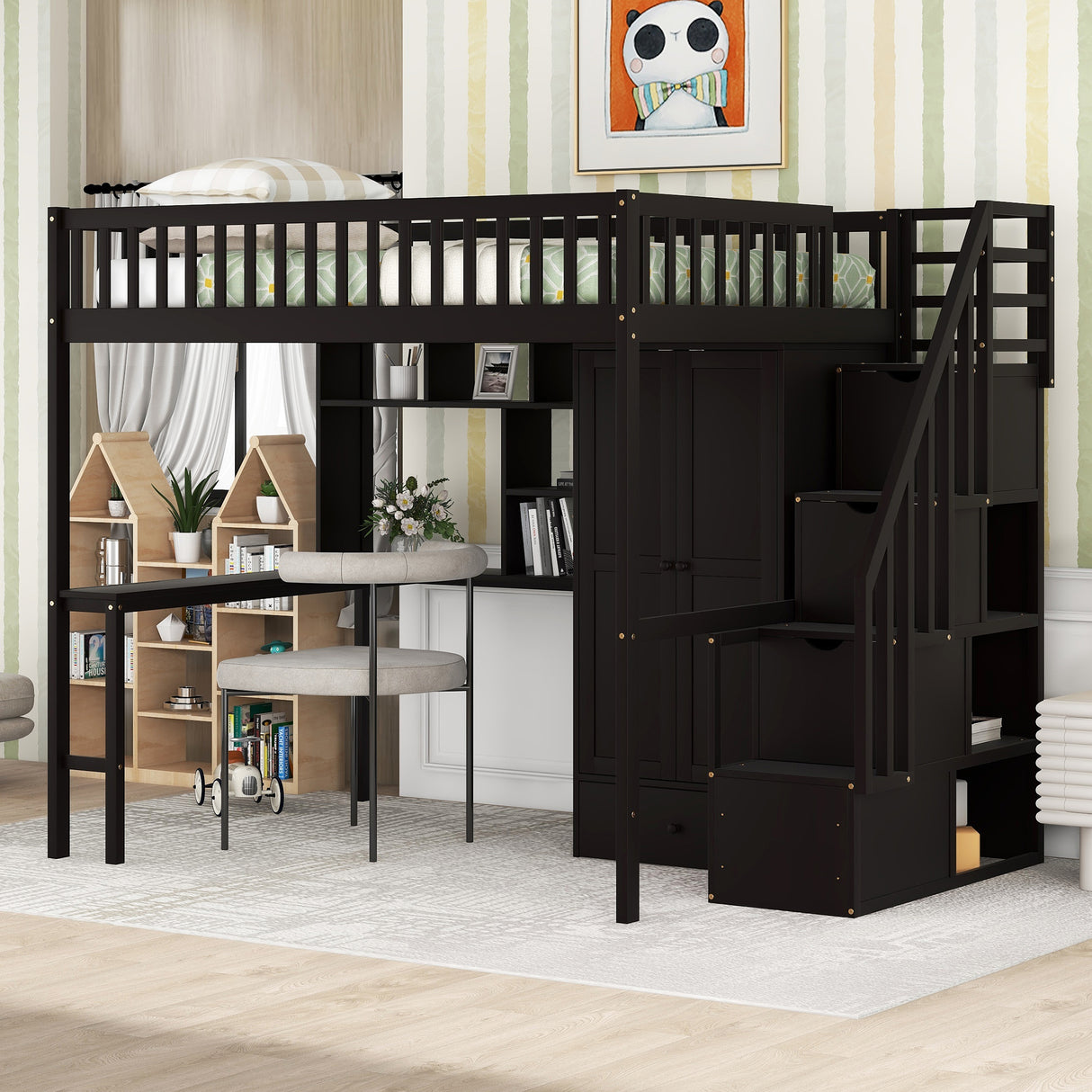 Full size Loft Bed with Bookshelf,Drawers,Desk,and Wardrobe-Espresso - Home Elegance USA