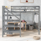 Full Size Loft Bed with Built-in Storage Staircase and Hanger for Clothes,Gray - Home Elegance USA