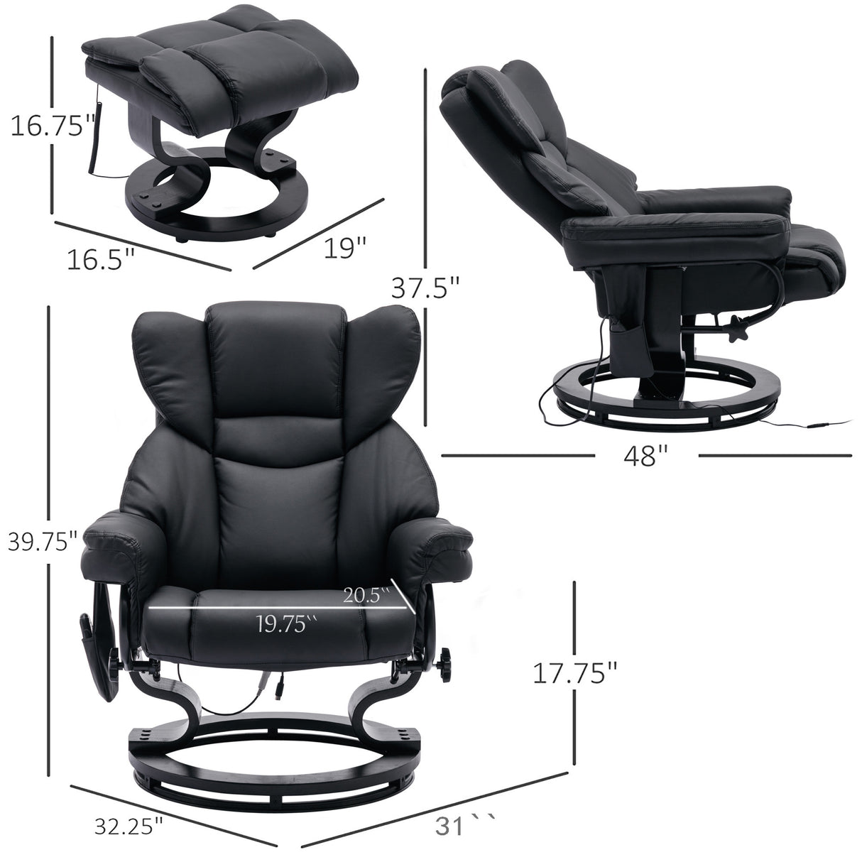 Massage Recliner and Ottoman, PU Leisure Office Chair with 10 Vibration Points, Adjustable Backrest, Side Pocket and Remote Control, for Living Room, Study, Bedroom, Black Home Elegance USA
