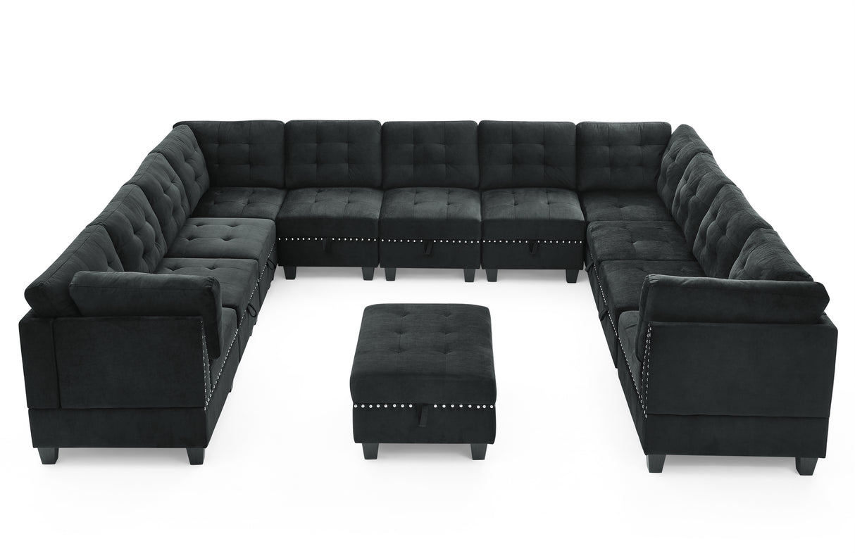 U shape Modular Sectional Sofa，DIY Combination，includes Seven Single Chair， Four Corner and One Ottoman，Black Velvet. - Home Elegance USA