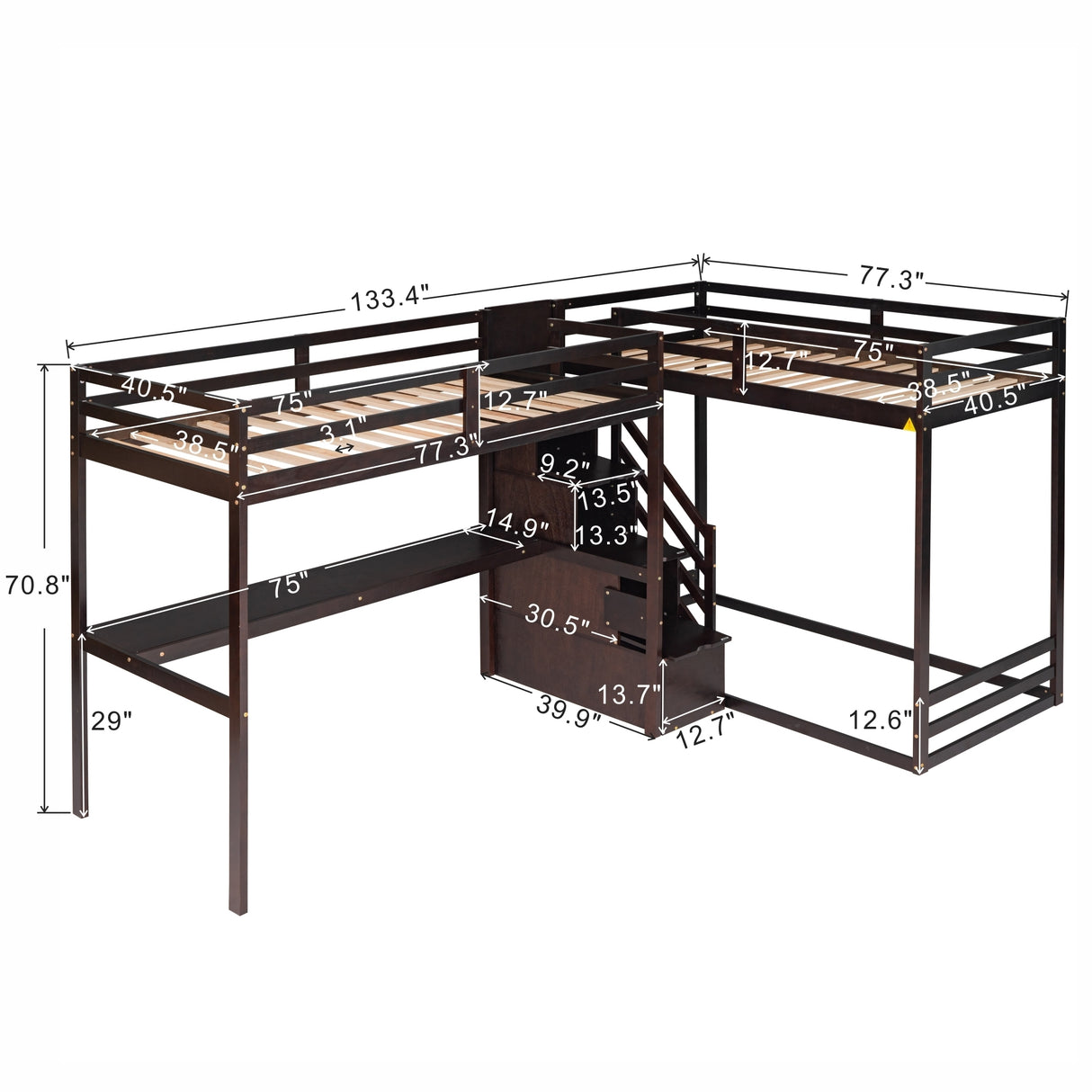 L-Shaped Twin Size Bunk Bed and Loft Bed with Built-in Middle Staircase and Desk,Espresso - Home Elegance USA