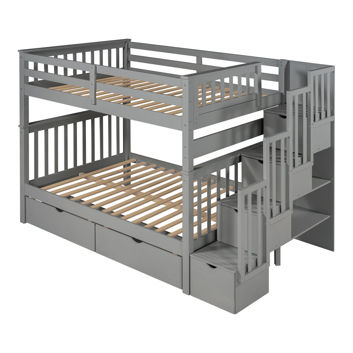 Full Over Full Bunk Bed with Shelves and 6 Storage Drawers, Gray(Old SKU：LP000046AAE) - Home Elegance USA