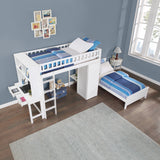 Twin Size Loft Bed with Closet and Desk, Extra Bottom Twin Bed, White - Home Elegance USA