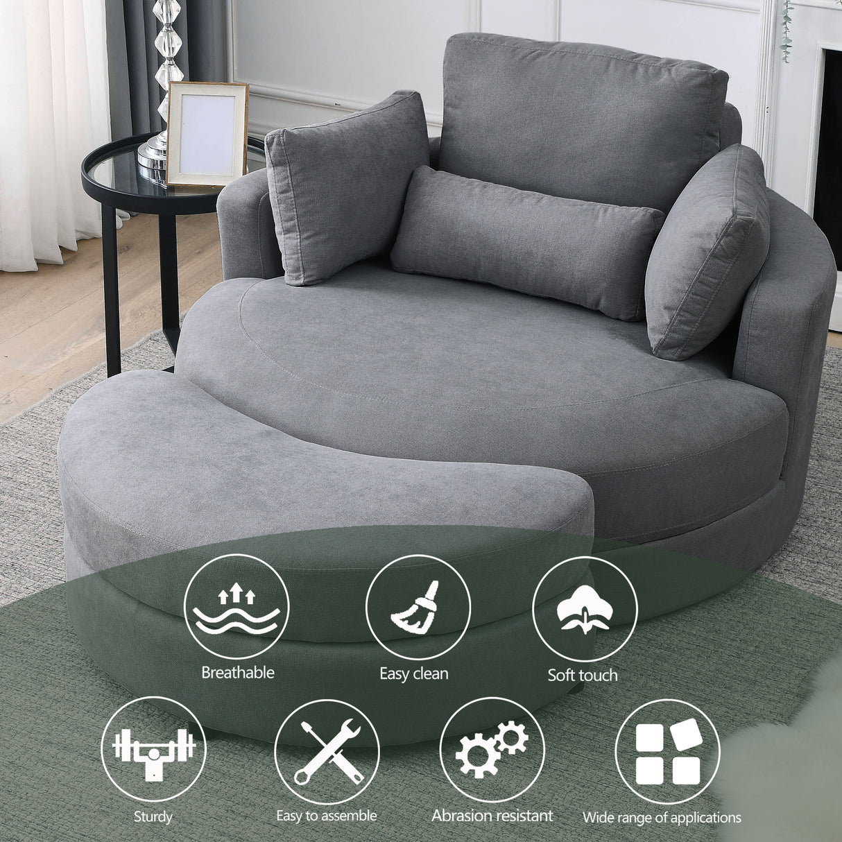 [Video] Welike Swivel Accent Barrel Modern Dark Grey Sofa Lounge Club Big Round Chair with Storage Ottoman Linen Fabric for Living Room Hotel with Pillows Home Elegance USA