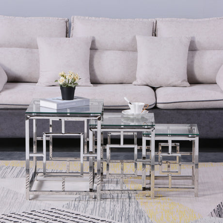 3 Pieces Silver Square Nesting Glass End Tables- Small Coffee Table Set- Stainless Steel End Tables with Clear Tempered Glass- 18" Modern Minimalist Small Coffee Tables for Living Room - Home Elegance USA