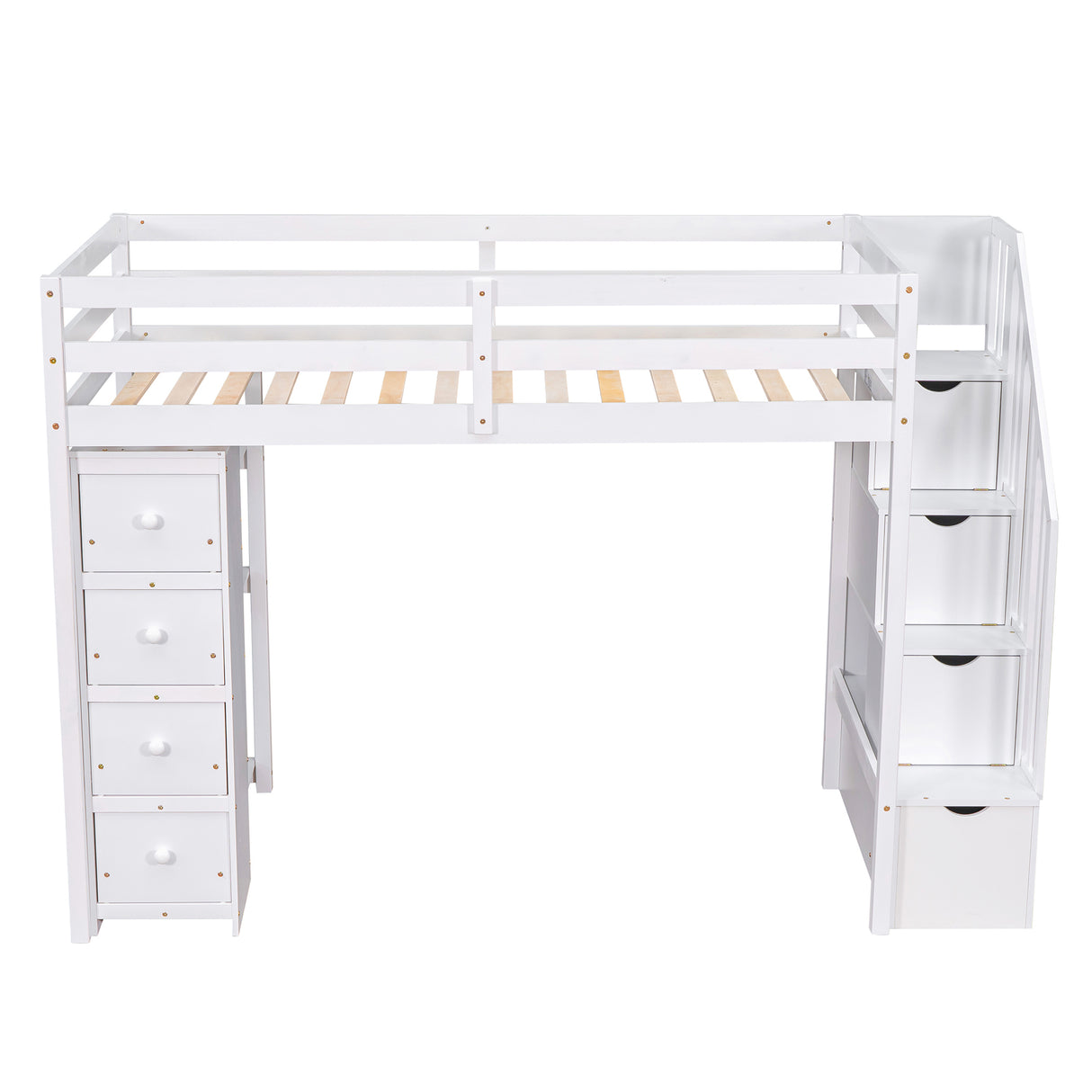 Twin size Loft Bed with Storage Drawers and Stairs, Wooden Loft Bed with Shelves - White - Home Elegance USA