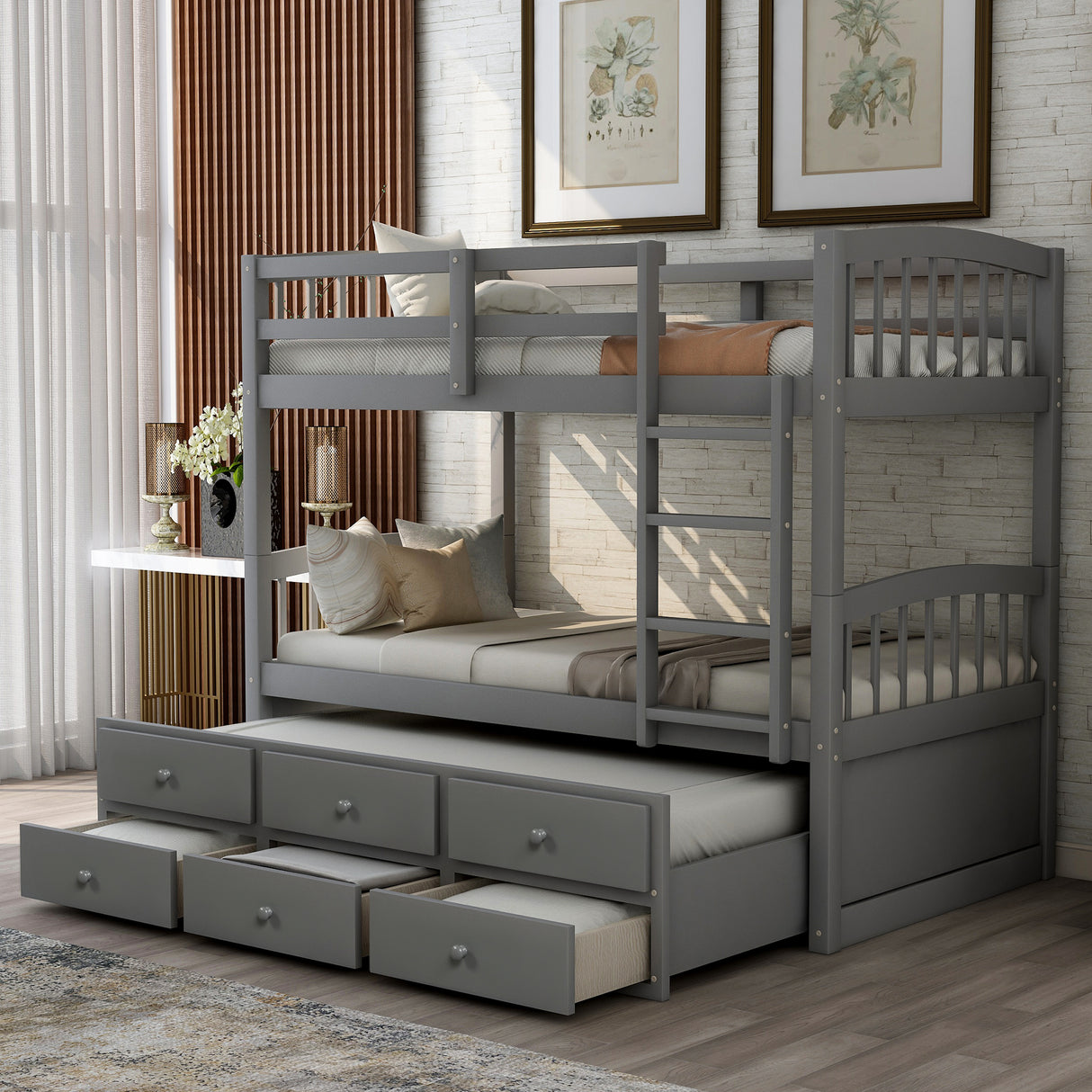 Twin Bunk Bed with Ladder, Safety Rail, Twin Trundle Bed with 3 Drawers for Bedroom, Guest Room Furniture(Gray)(OLD SKU :LP000071AAE) - Home Elegance USA