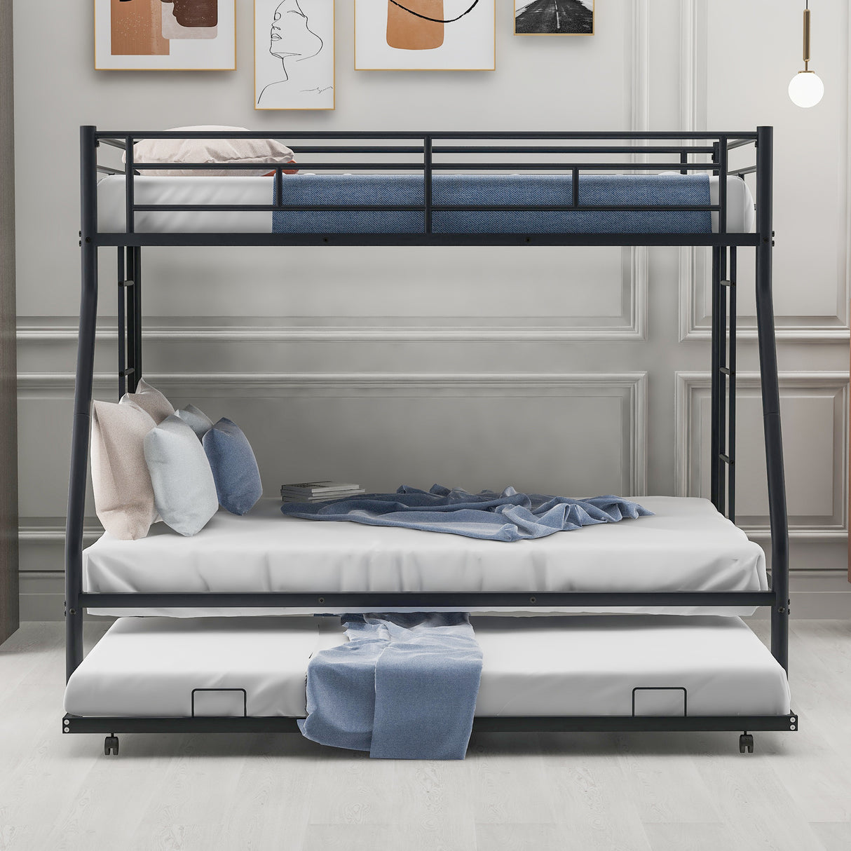 Twin over Full Bed with Sturdy Steel Frame, Bunk Bed with Twin Size Trundle, Two-Side Ladders, Black(OLD SKU:MF194424AAB) - Home Elegance USA