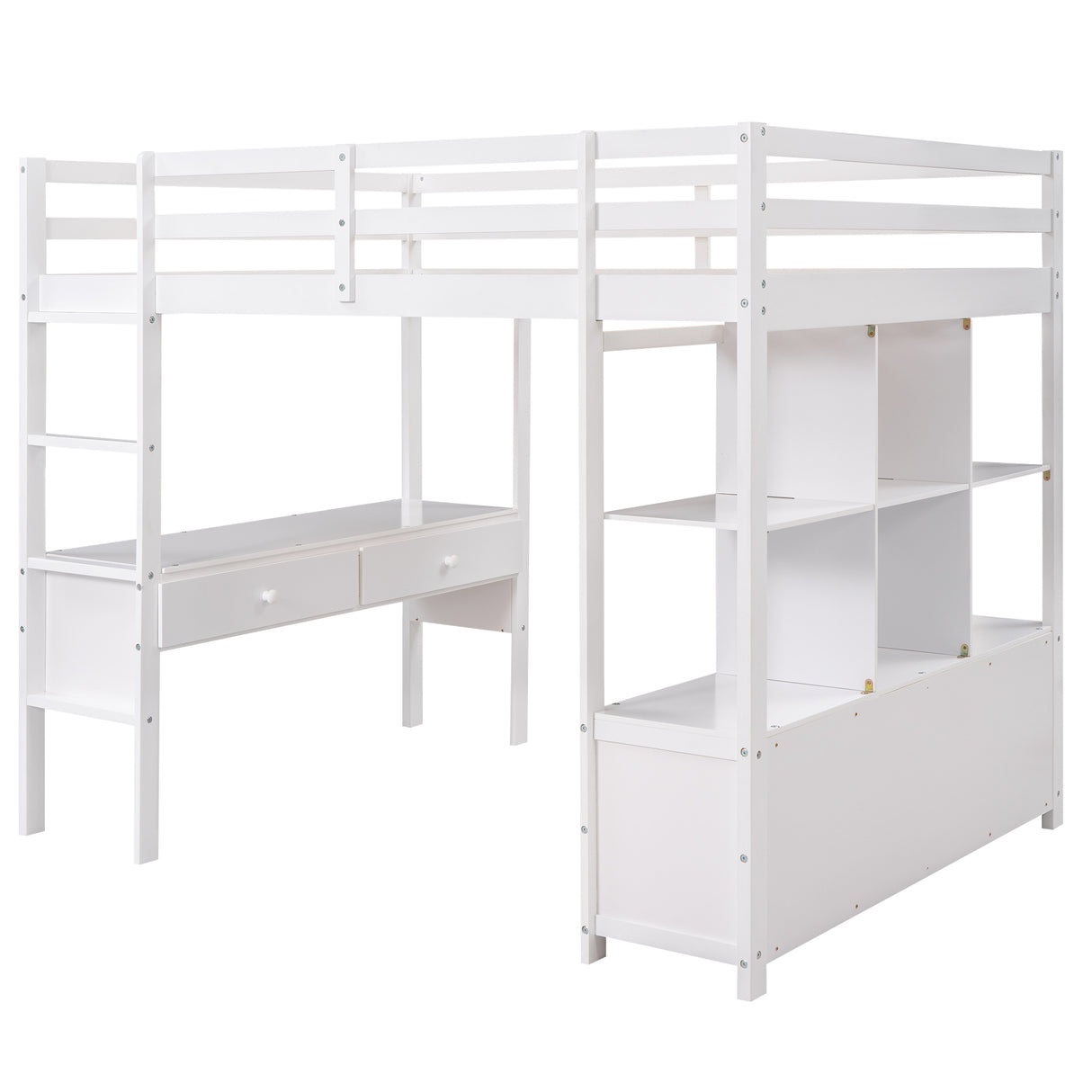 Full Size Loft Bed with Built-in Desk with Two Drawers, and Storage Shelves and Drawers,White - Home Elegance USA