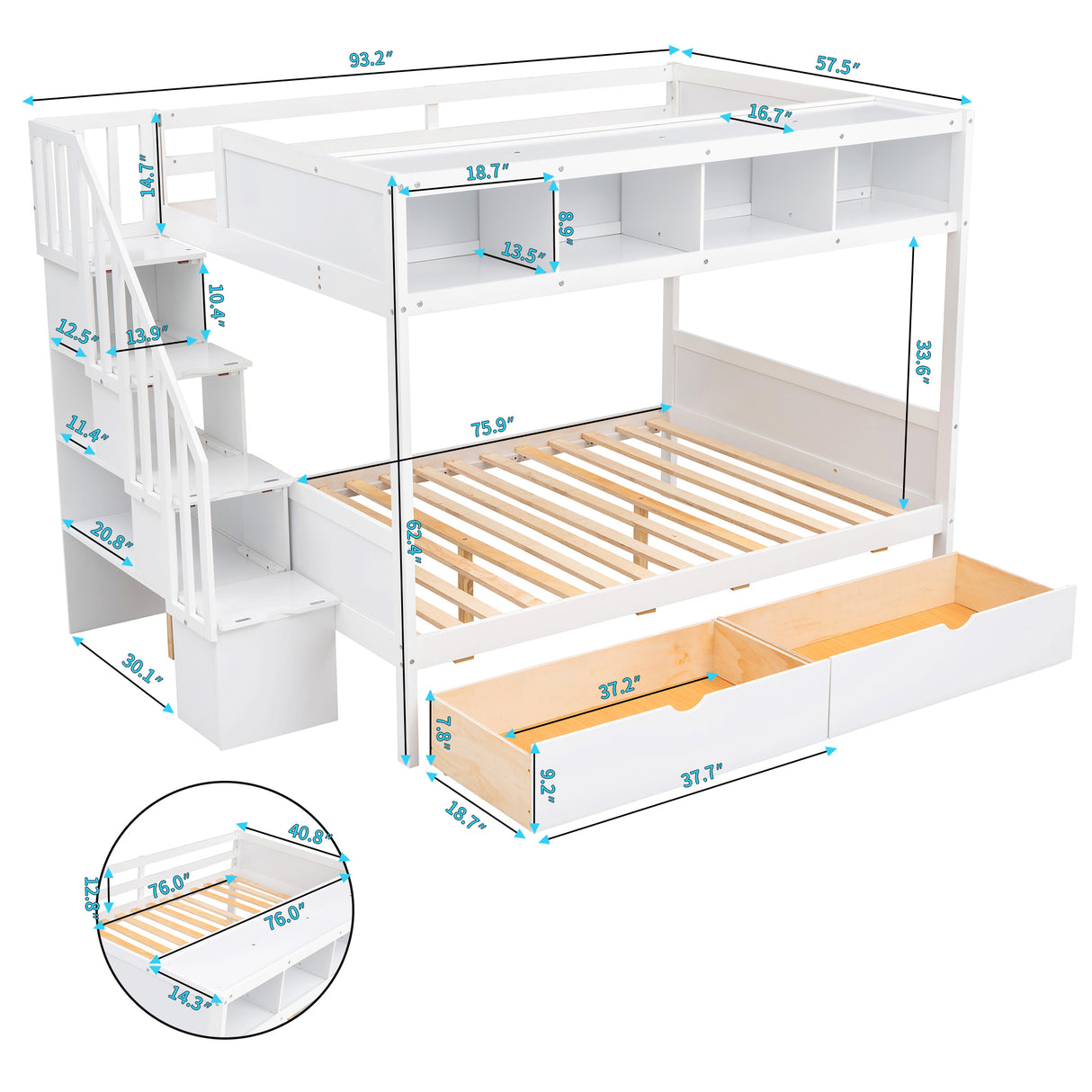 Twin over Full Bunk Bed with Shelfs, Storage Staircase and 2 Drawers, White - Home Elegance USA